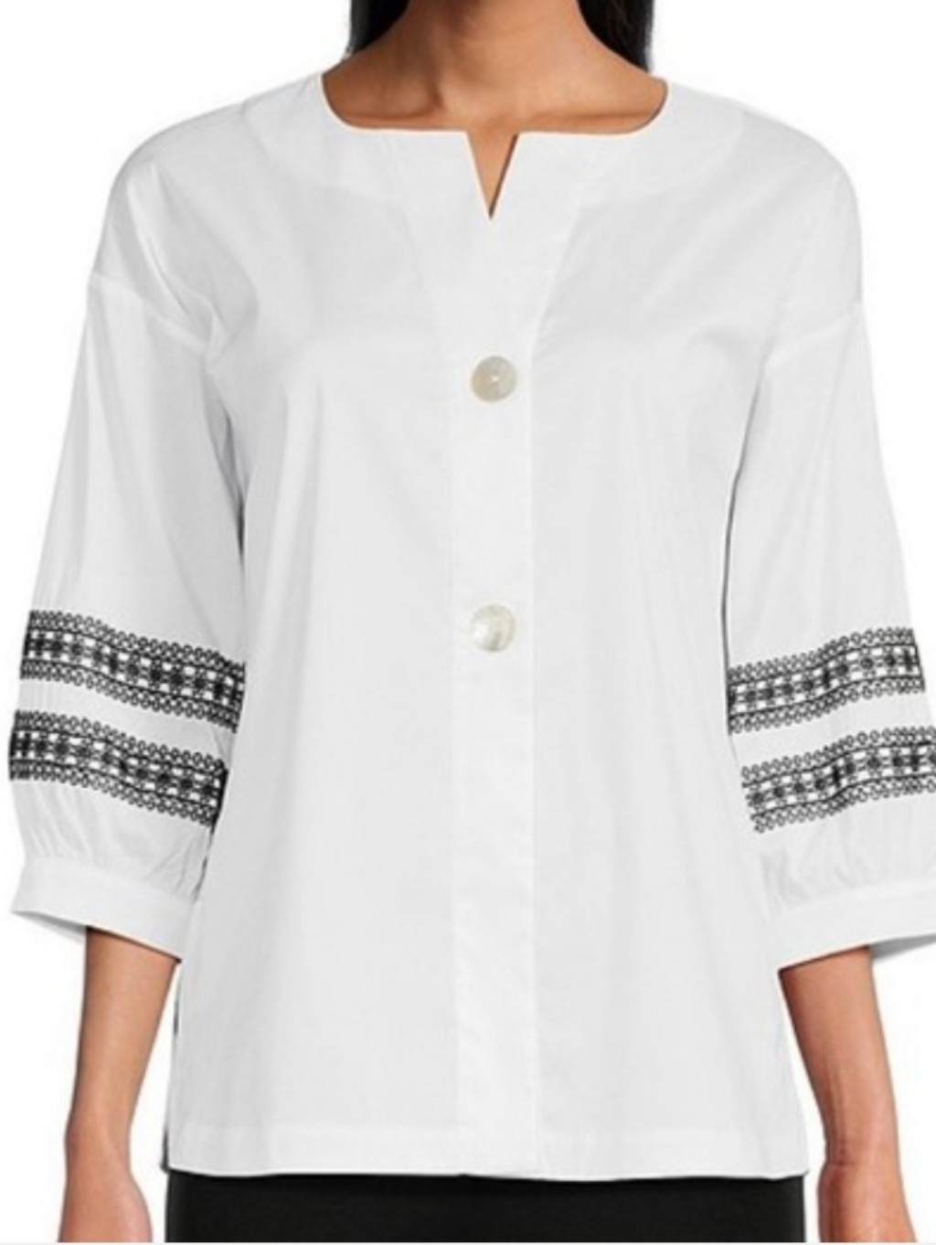 Ming Wang Cotton Poplin V-Neck 3/4 Embroidery Trim Sleeve Button Front Top